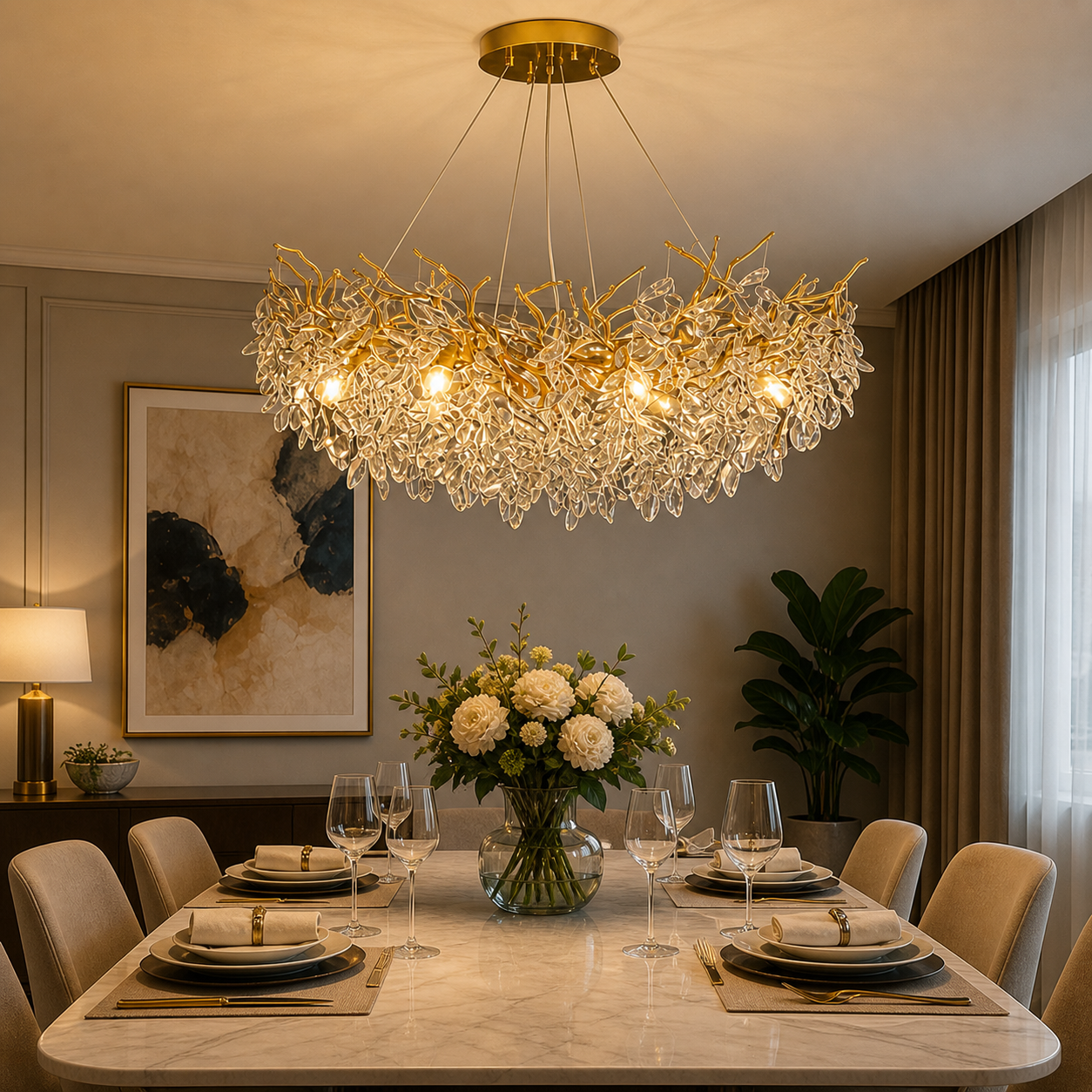Lustre suspension LED en cristal – Finition dorée