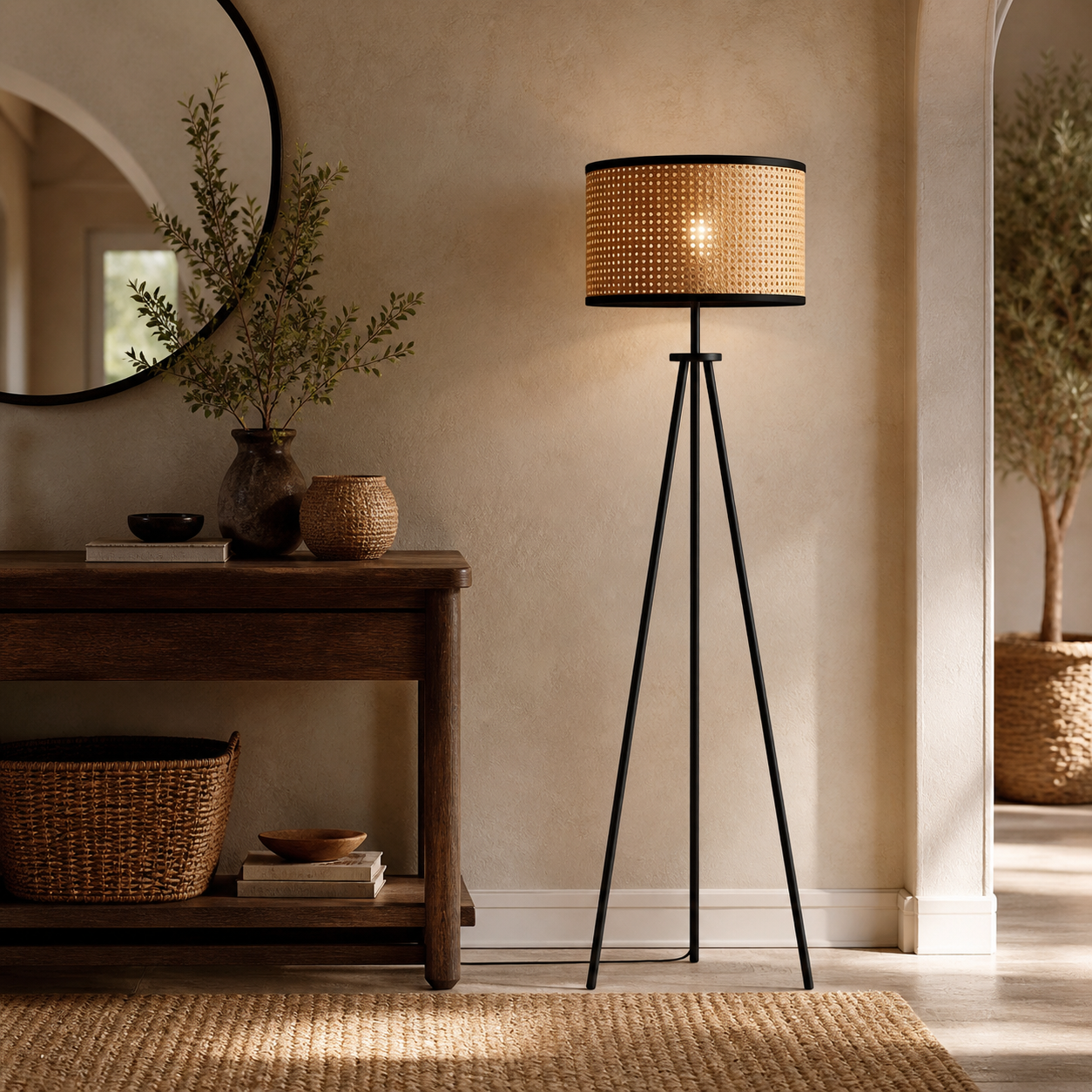 Lampadaire trépied avec abat-jour tressé
