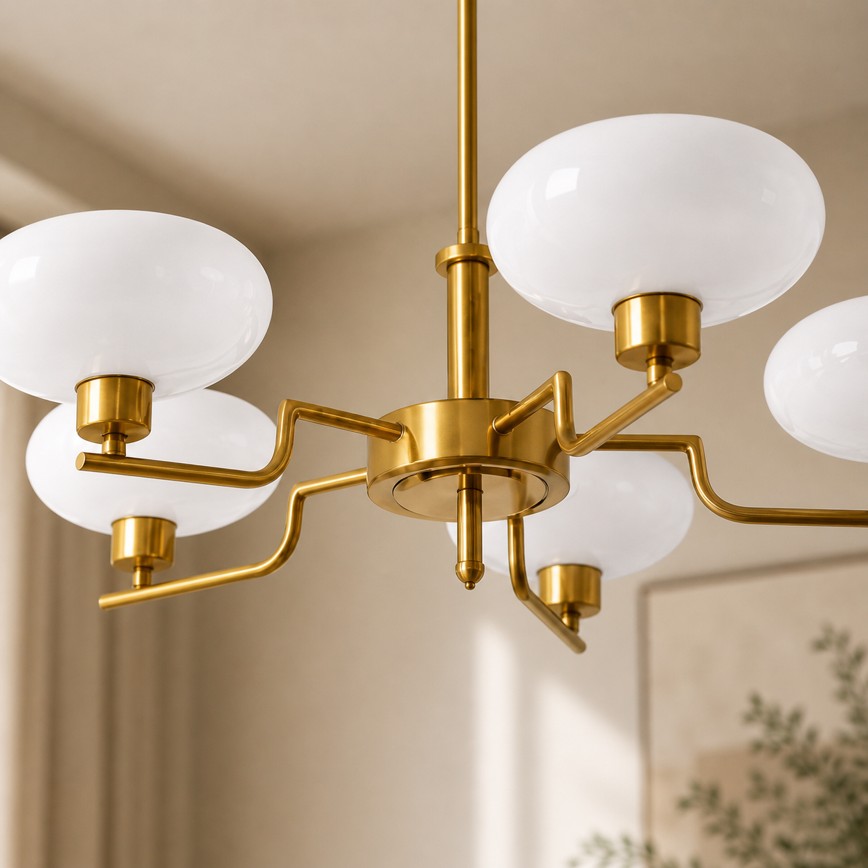 Lustre suspension 5 lumières en verre blanc