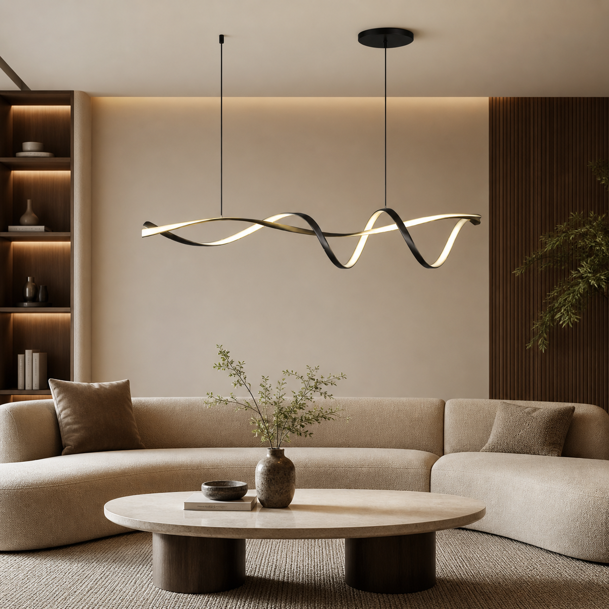 Suspension LED moderne ondulée – Métal noir et finition dorée