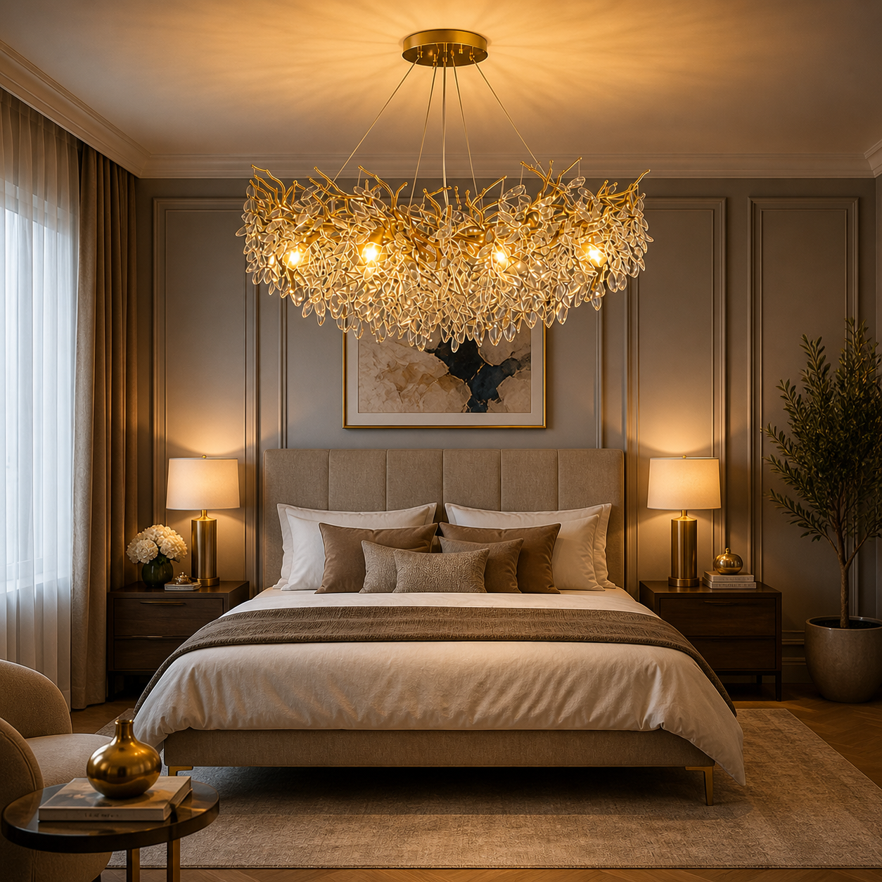Lustre suspension LED en cristal – Finition dorée