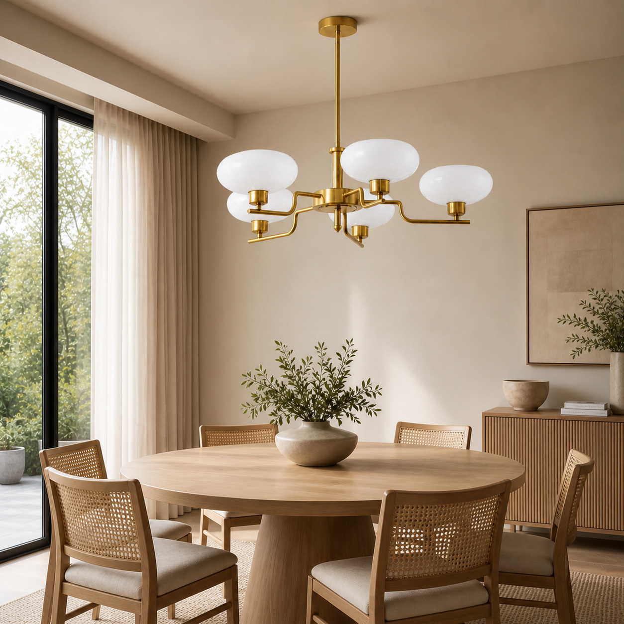 Lustre suspension 5 lumières en verre blanc