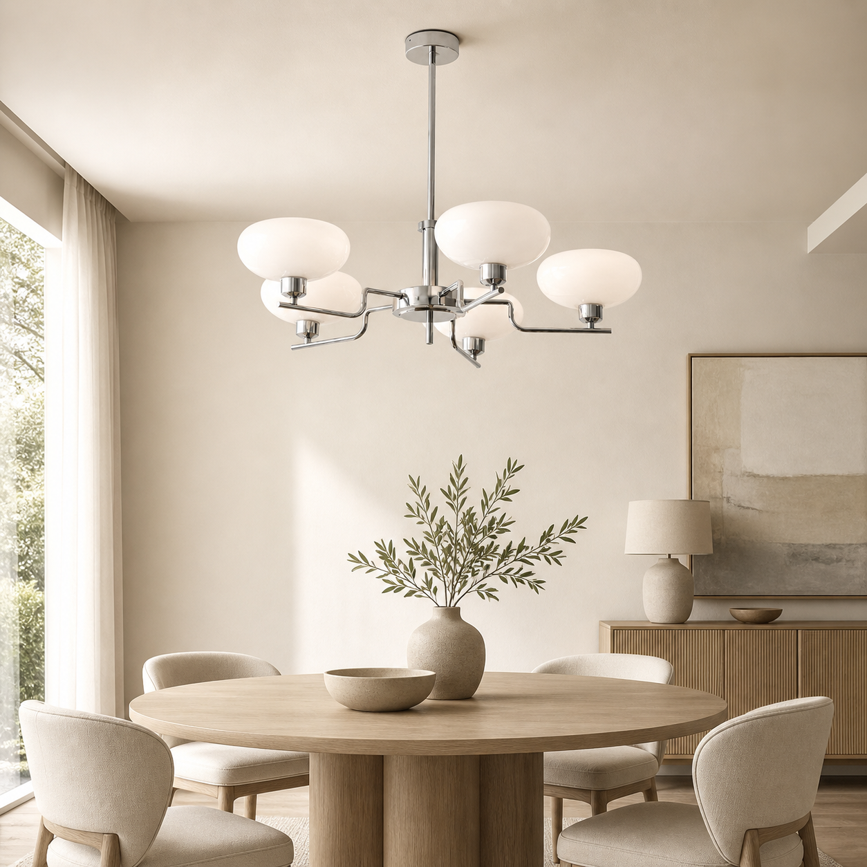 Lustre suspension 5 lumières en verre blanc