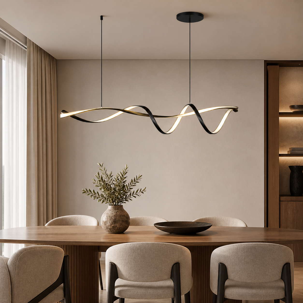 Suspension LED moderne ondulée – Métal noir et finition dorée