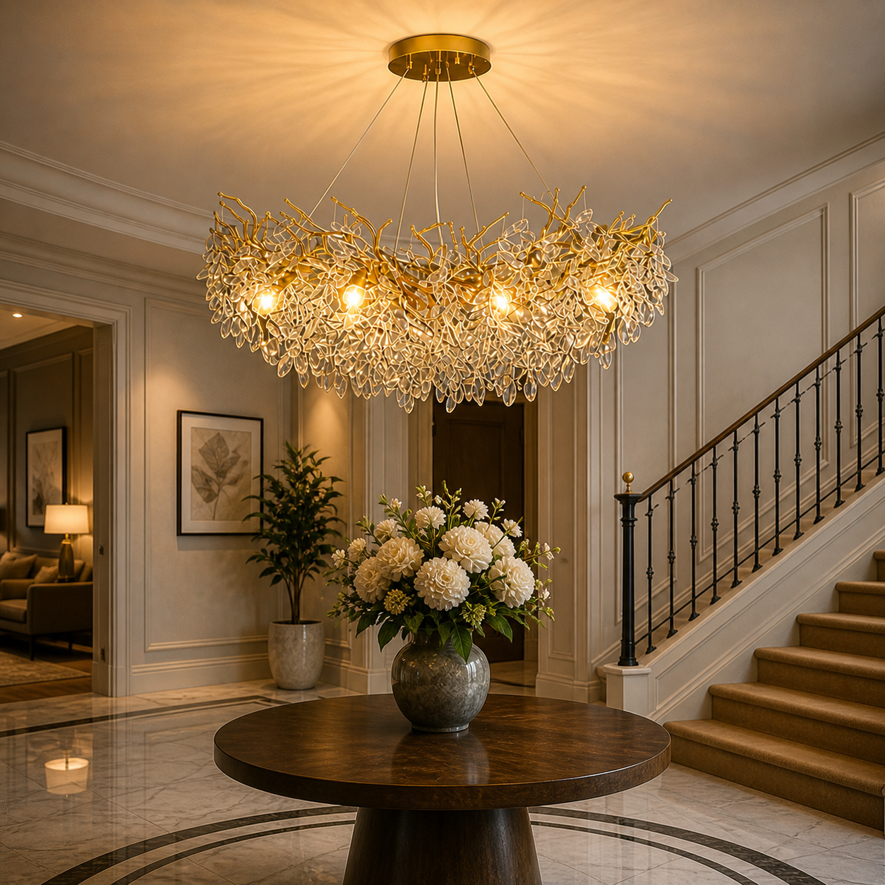 Lustre suspension LED en cristal – Finition dorée