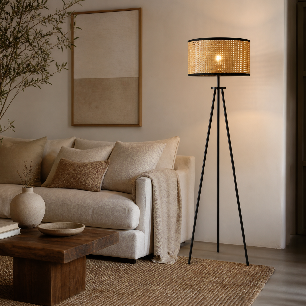 Lampadaire trépied avec abat-jour tressé