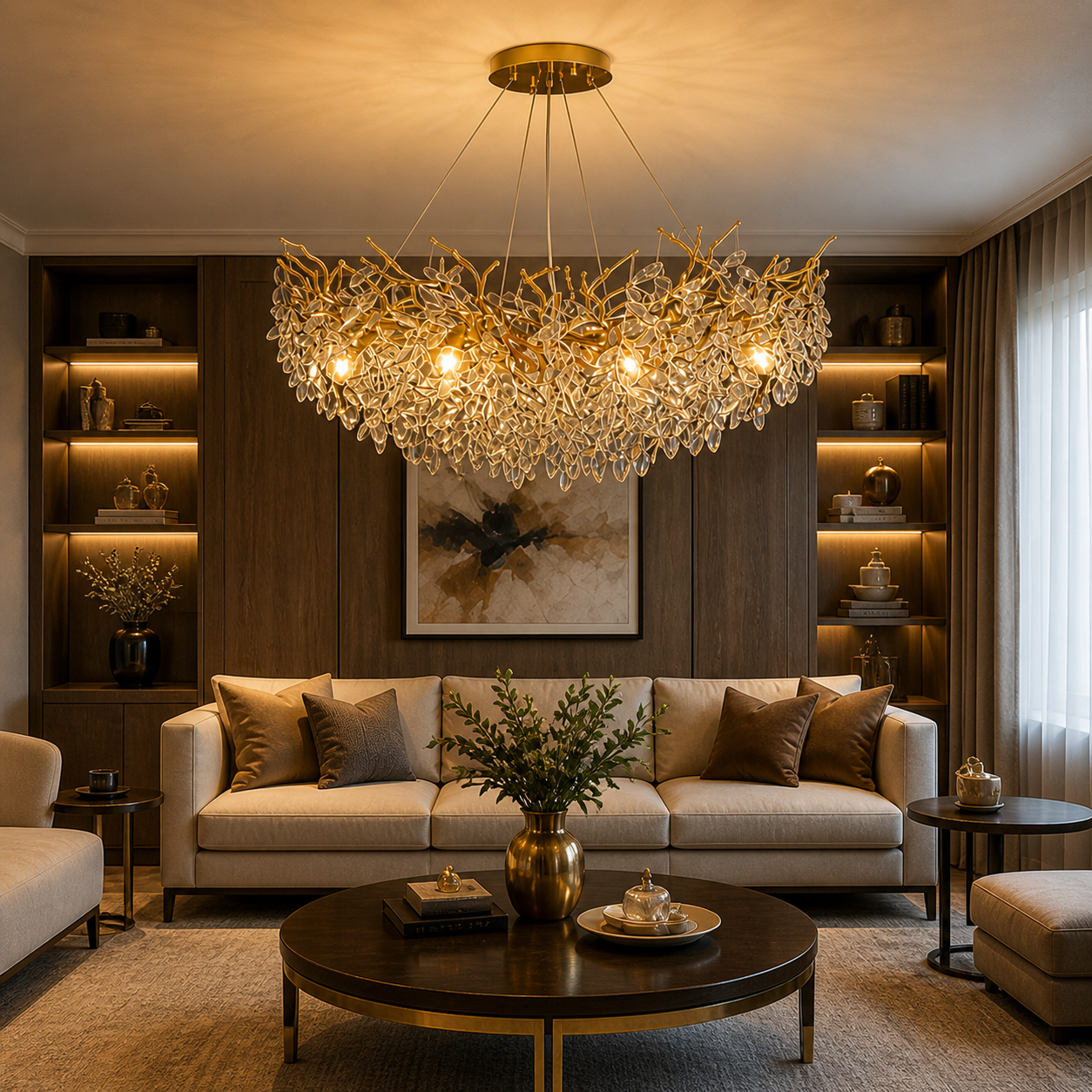 Lustre suspension LED en cristal – Finition dorée