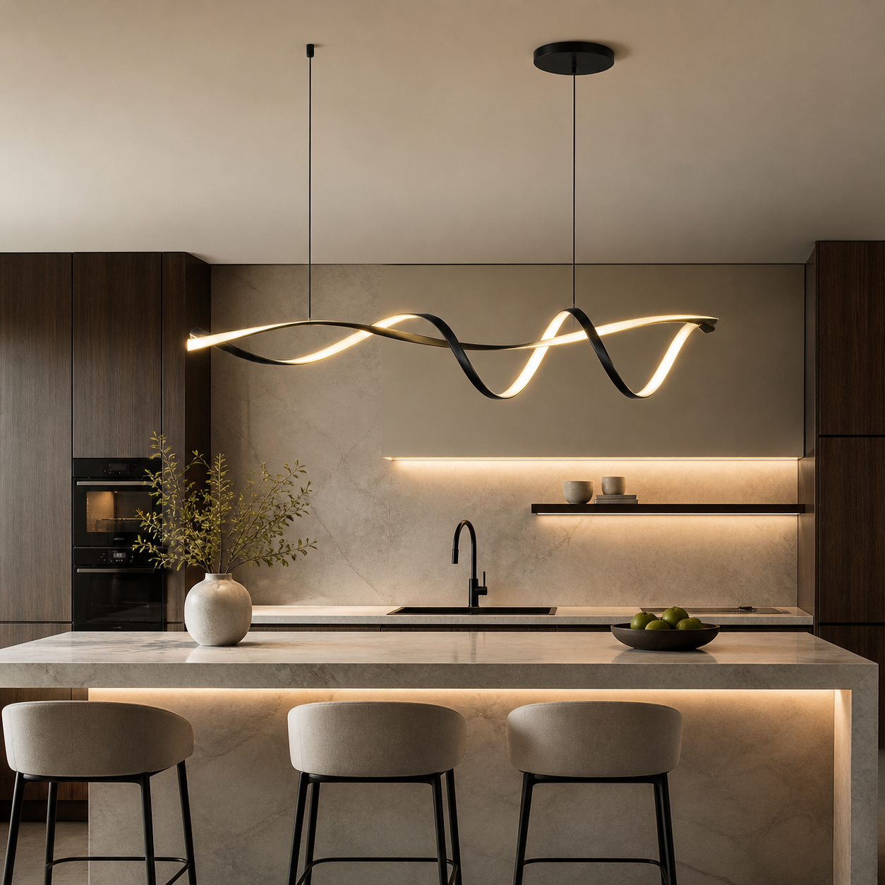 Suspension LED moderne ondulée – Métal noir et finition dorée