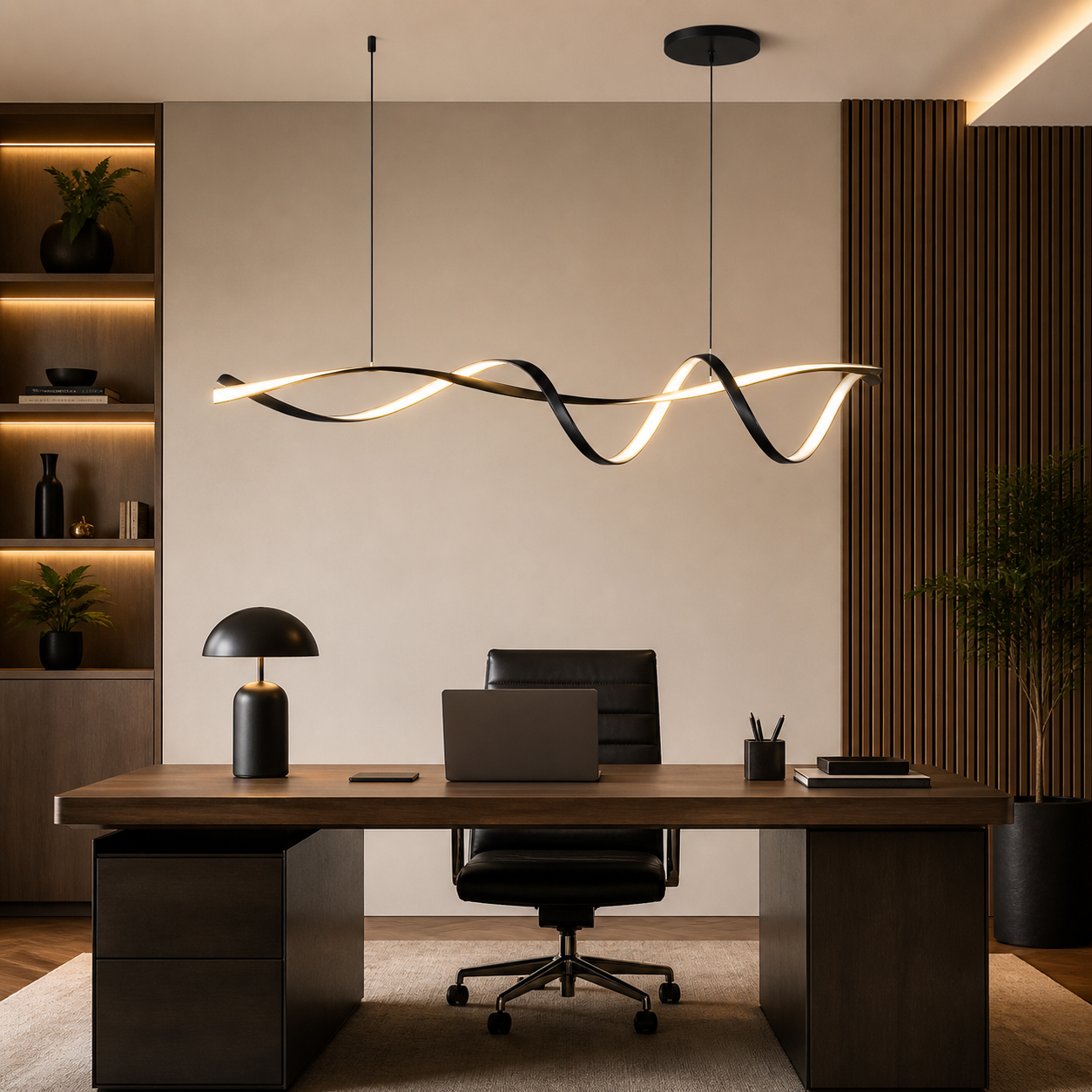 Suspension LED moderne ondulée – Métal noir et finition dorée