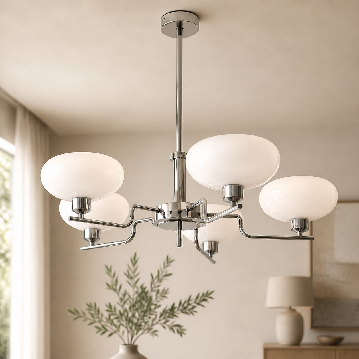 Lustre suspension 5 lumières en verre blanc