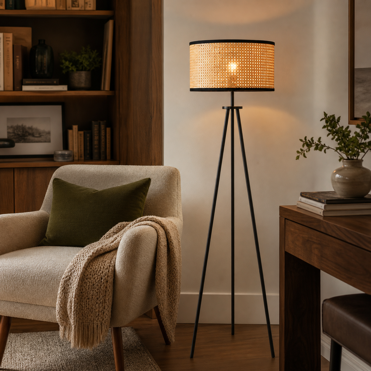 Lampadaire trépied avec abat-jour tressé