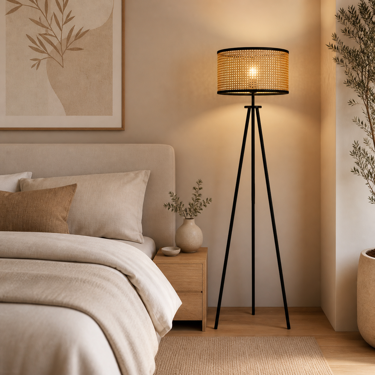 Lampadaire trépied avec abat-jour tressé